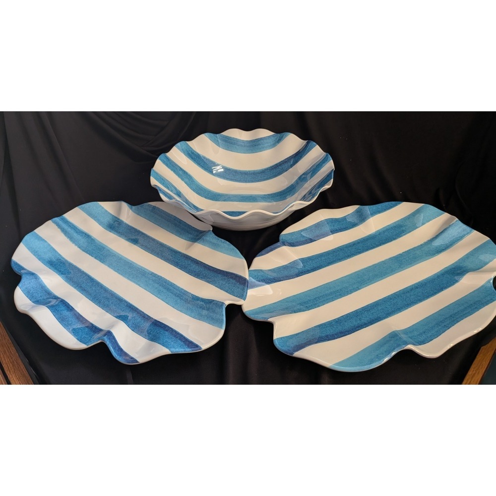 Set Of 2 Platters And 1 bowl, Blue Striped‎ Dinnerware, "The Spring Shop"